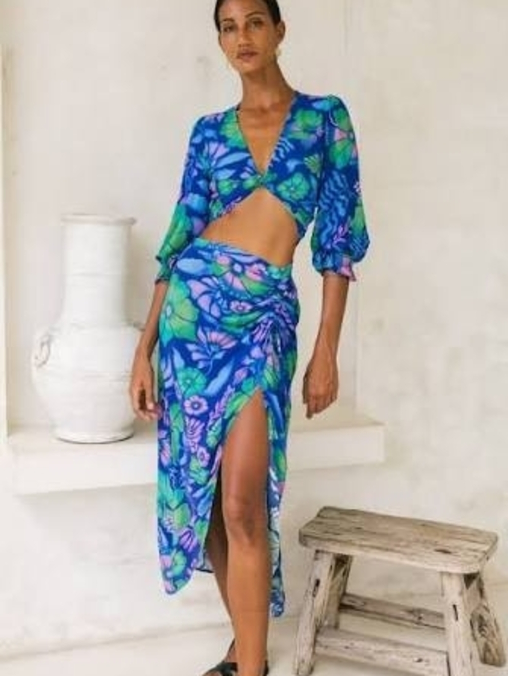 Nine Lives Bazaar Blue & Green Floral Wrap Skirt